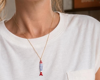 Sardine Necklace | Coastal Vibe Fish Pendant | Blue & White Nautical Necklace | Striped Fish Pendant
