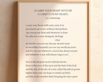 EE Cummings // I Carry Your Heart // Instant Download // Printable Book Quote Art