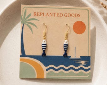 Navy Striped Fish Earrings | Seaside Vibe Collection | Coastal Nautical Dangle Earrings | Tiny Beach Fish | Lightweight Summer Earrings