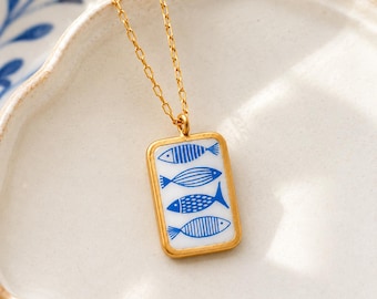 Hand Painted Sardine Necklace | Cold Porcelain Fish Pendant | Paperclip Chain | Coastal Jewelry | Blue & White Nautical Necklace |