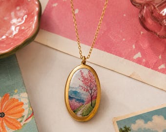 Cherry Blossom Landscape Pendant Necklace | Cold Porcelain Oval Charm on Gold Paperclip Chain | Spring Nature Jewelry Gift