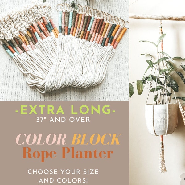 Extra Long // Color-block Rope Planter // Minimalist Hanging Planter // 38" - 54"