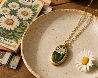 Daisy Oval Pendant Necklace | Cold Porcelain Floral Necklace on Gold Paperclip Chain | Cottagecore Botanical Jewelry Gift
