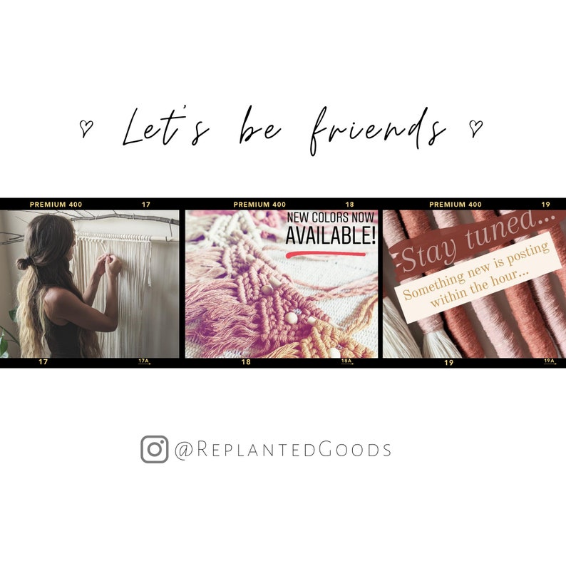 May include: A collage of three images featuring handmade macrame wall hangings in various colors, including pink, peach, and white. The text "Stay tuned... Something new is posting within the hour..." is visible in the image. The text "New colors now available!" is also visible in the image.