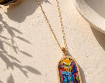 Porcelain Mediterranean City Necklace // Arch Pendant // Vintage Style Clay Jewelry