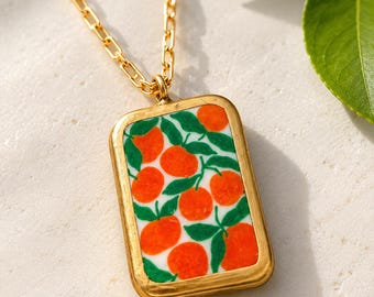 Orange Grove Cold Porcelain Pendant Necklace | Handmade Citrus Tile Necklace on Gold Paperclip Chain | Summer Fruit Jewelry Gift