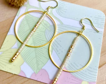Modern Beaded Bar Hoop Earrings // Ivory + Gold //