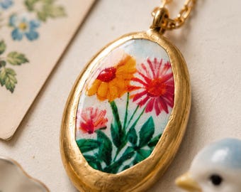 Cold Porcelain Flower Pendant Necklace | Handmade Floral Oval Charm | Vintage-Inspired Gold Necklace | Botanical Jewelry Gift for Her