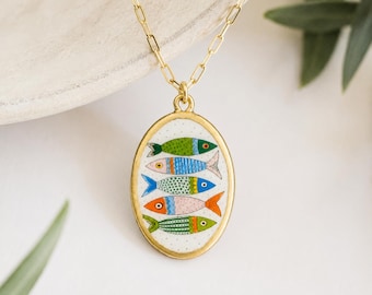 Colorful Fish Necklace | 18K Gold Plated Paperclip Chain | Coastal Sardine Pendant | Mediterranean Style Jewelry | Ocean Lover Gift