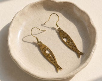 Brass Folk Fish Earrings | Scandinavian Inspired Fish Dangles | Seaside Vibe Collection | Nautical Folk Art Jewelry