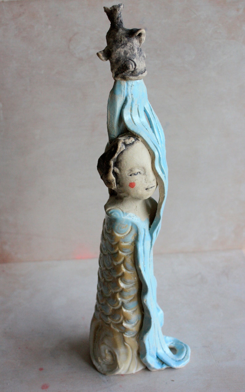 Sculpture ceramic art young girl-the girl of water-sculpture white enamelled glazed ceramics sculpture Keramik