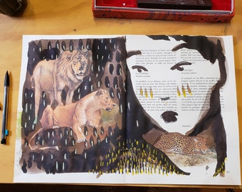 Jungle book peinture encre et pastel sur page de livre illustré