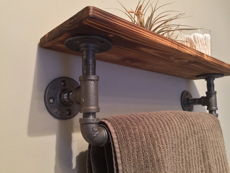 Industrial pipe towel bar with wood shelf Etsy