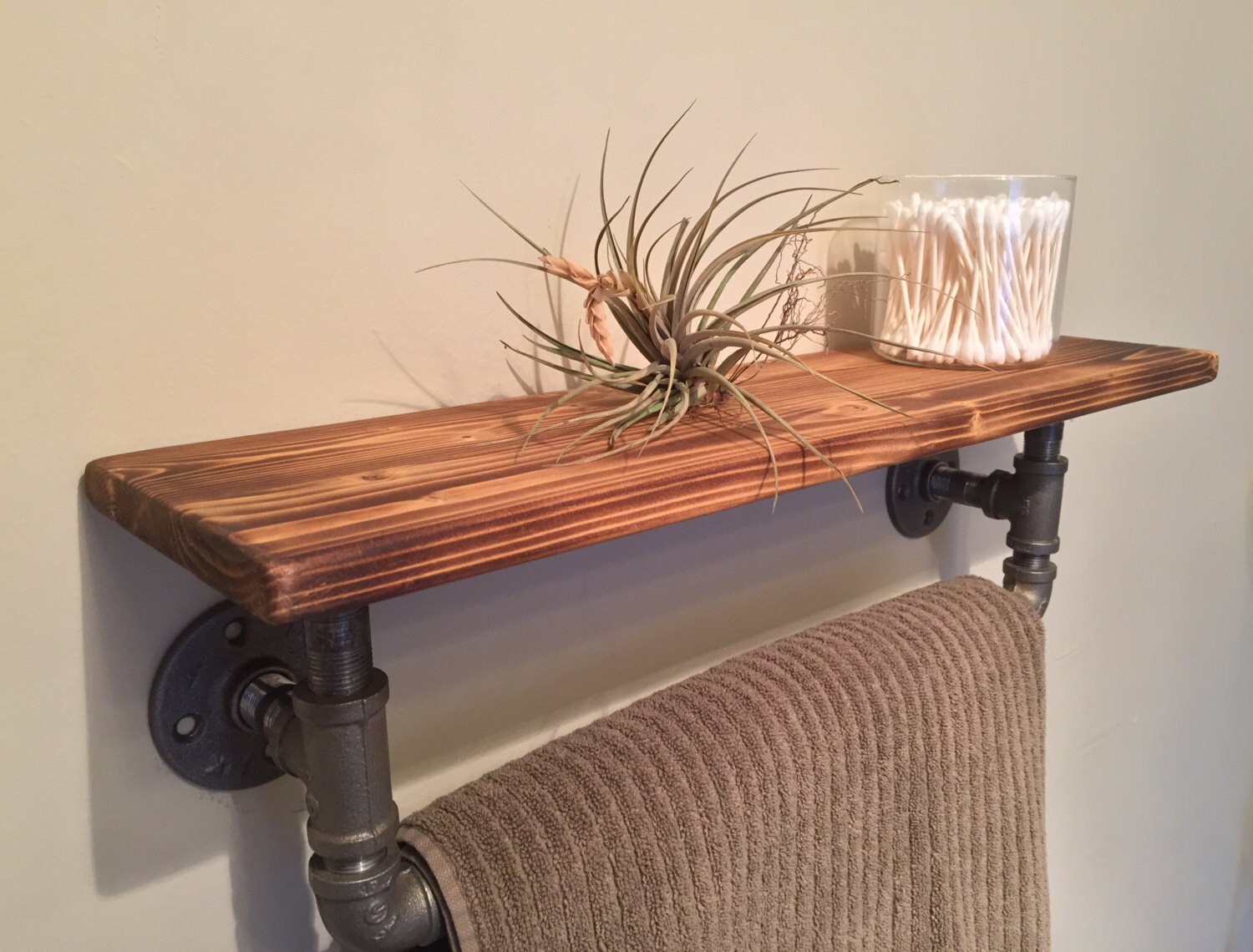 Industrial pipe towel bar with wood shelf Etsy