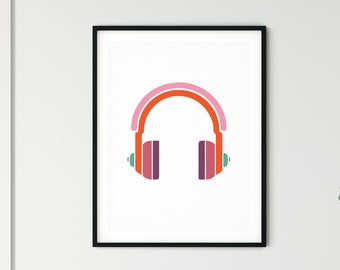 Headphones, Art Print, Wall Art, Music Print, Monochrome Art, Typography Print, Music Lovers, Earphones, Rainbow, Kid art, nursery