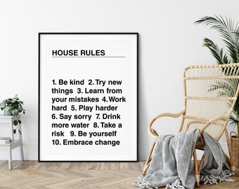 House Rules, Wall Art, Helvetica Font, Typography Print, Hygge Print, Inspirational Print, Life Rules, Housewarming Gift, Motivation