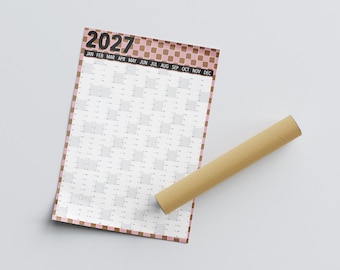 Planificador mural 2027: Calendario artístico con diseño de tablero de ajedrez en formato A2, papel sin estucar.