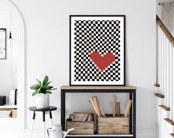 Pixel Heart Art Print: Checkerboard Love, Bold Colors