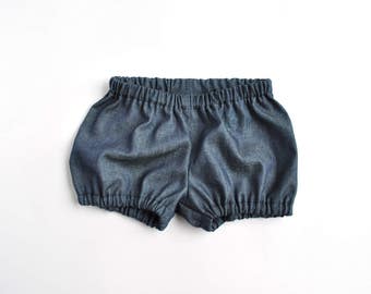 Bloomers in Dark Denim. Unisex Classic Bloomers. Blue Bloomers. Boys Diaper Cover.  Handmade Unisex Baby Bloomers. Soft Denim Shorts.