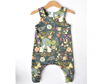 Romper in Beautiful Floral and Rabbit Print. Baby Girl Romper.  Long Romper in Floral Print.  Navy Floral Romper.  Harem Baby Girl Romper