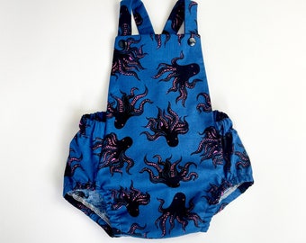 Octopus Baby Romper in Blue and Fushia.  Cotton Romper, Nautical Theme Baby , Designer Fabric Baby Clothes, Unisex Luxury Baby Gift