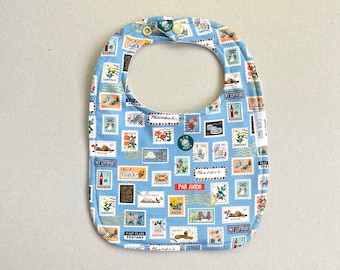 World Traveller Bib, Rifle Paper Co World Stamps Bib,  Blue World Travel Theme Baby,  Luxury Baby Gift,  Baby Bib,  Travel Themed Baby Gift