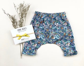 Baby Turn-up Cotton Trousers. Blue Meadow Harem Trousers.  Baby Girl Bottoms. Rifle Paper Co Baby Trousers. Designer Fabric Baby Pants.