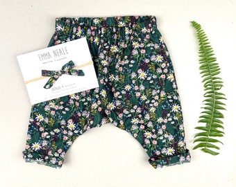 WildFlower Baby Girl Trousers. Harem Trousers with Turn-up.  Baby Girl Bottoms.  Rifle Paper Co Baby Trousers. Designer Fabric Baby Pants.