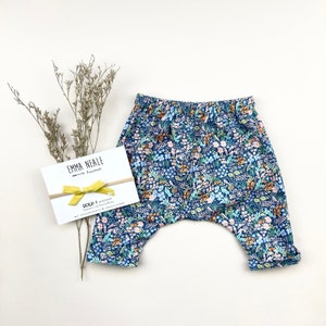 Baby Turn-up Cotton Trousers. Blue Meadow Harem Trousers.  Baby Girl Bottoms. Rifle Paper Co Baby Trousers. Designer Fabric Baby Pants.