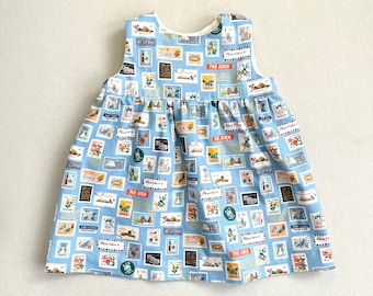 Blue World Traveller Baby Girl Dress. Rifle Paper Co Baby. Baby Shower Gift. Handmade Baby Dress. Baby Girl Stamp Print Dress. Lux Baby
