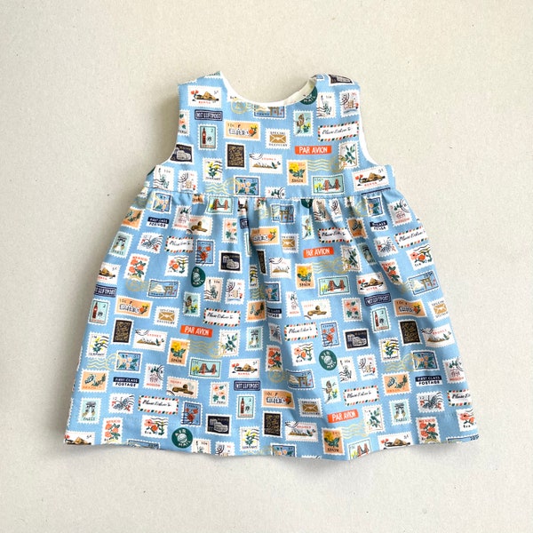 Blue World Traveller Baby Girl Dress. Rifle Paper Co Baby. Baby Shower Gift. Handmade Baby Dress. Baby Girl Stamp Print Dress. Lux Baby