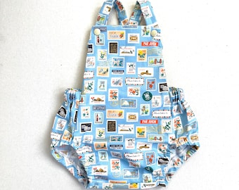 World Stamp Baby Romper in Blue . Rifle Paper Co Fabric Romper, World Traveller Print , Designer Fabric Baby Clothes, Luxury Baby Girl Gift