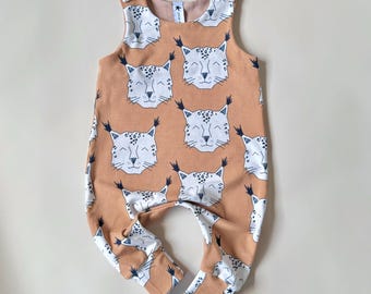 Big Cat Print Romper. Toddler Unisex Romper. Lynx Print  Long Romper. Neutral Unisex Baby Gift. Handmade Organic Harem Baby Romper