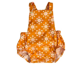 Retro Scandi Floral Baby Romper. Baby Girl Fashion. Toddler Romper. Designer Fabric Baby Clothes. Tan Luxury Baby Gift. Floral Romper.