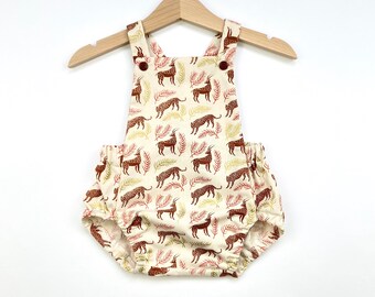 Cream 'Grassland' Print Unisex Baby Romper, Antelope and Cheetah, Gold Metallic, Handmade Baby Clothes, Made in the UK, Luxury Baby Gift