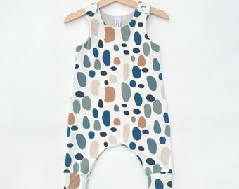 Abstract Print ‘Rocky’ Romper. Handmade Off White, Blues and Greens Toddler Romper. Unisex Romper. Organic Baby Gift. Handmade Baby Romper.