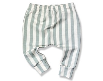 Stripe Baby Leggings.  Seafoam Stripe Unisex Pants for Baby.  Handmade in the UK. Newborn Baby. Baby Leggings in Organic Designer Fabric
