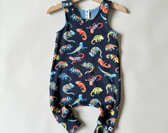 Chameleon Print Romper. Toddler Unisex Romper. Navy Blue  Long Romper. Neutral Unisex Baby Gift. Handmade Unisex Harem Baby Romper