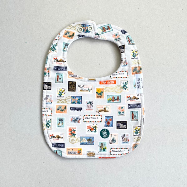 World Traveller Bib, Rifle Paper Co World Stamps Bib,  World Travel Theme Baby,  Luxury Baby Gift,  Baby Bib,  Travel Themed Baby Gift