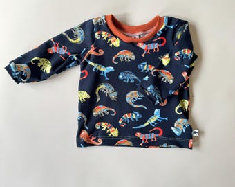 Navy Blue Chameleon Long or Short Sleeve Baby T-Shirt. Beautiful Organic Unisex Baby T-Shirt. Colourful Handmade Kids Clothing.