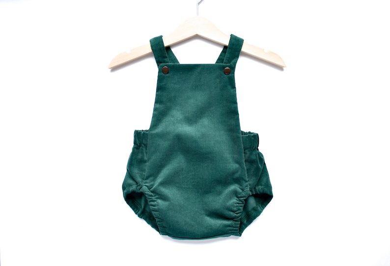 Baby Romper in Moss Velvetly Needlecord, Handmade Romper Luxe Rich Velvet Cord Fabric, Vintage Baby, Classic Short Baby Romper. image 1