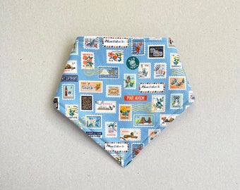 World Stamp Blue Baby Bib. Unisex Bandana Bib in Stamp Print. Super Soft Teething Bib. Drool Bib. Unisex Bib. Fleece and Cotton Baby Bib.