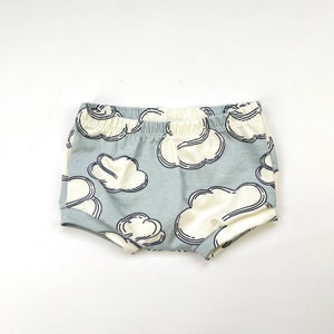 Blue Fluffy Clouds Bummie Shorts, Blue and Cream Baby and Toddler Shorts, Stretch Shorts, Kids Shorts, Made in the UK, Organic Clothing,