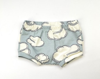 Blue Fluffy Clouds Bummie Shorts, Blue and Cream Baby and Toddler Shorts, Stretch Shorts, Kids Shorts, Made in the UK, Organic Clothing,
