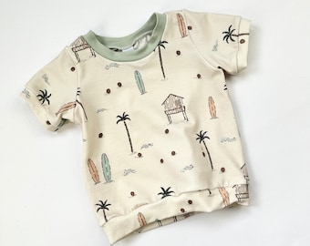 Short Sleeve Beach Theme Baby T-Shirt.  Cream Baby Clothing. Organic Handmade in the UK Unisex Toddler Clothes.  Unique Baby Gift UK.