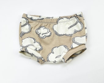 Biscuit Clouds Bummie Shorts, Cream and Beige Baby and Toddler Shorts, Stretch Shorts, Kids Shorts, Made in the UK, Organic Kids Clothing,