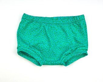 Turquoise Mini Leopard Bummie Shorts, Green Baby and Toddler Shorts, Stretch Shorts, Toddler Shorts, Made in the UK, Animal Kids Clothing,