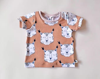 Big Cat Long or Short Sleeve Baby T-Shirt. Beautiful Organic Unisex Baby T-Shirt. Cool Baby Clothes. New Baby Gift. Toffee, Black and White.