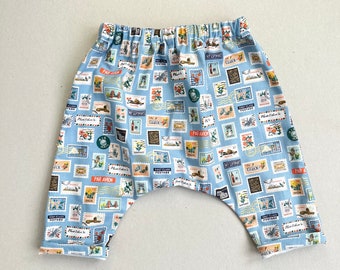 Sky Blue 'World Traveller ' Print Cotton Trousers. Unisex Baby Pants.  World Stamp Print. Unisex Baby Pants. Toddler Pants. Baby Trousers.