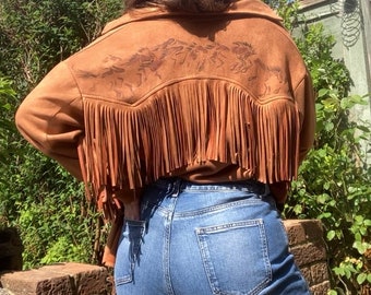 Cowboy Cave Art Hand-Painted Fringe Jacket, western style, vegan suede, upcycled secondhand garment customised with unique galloping horses
